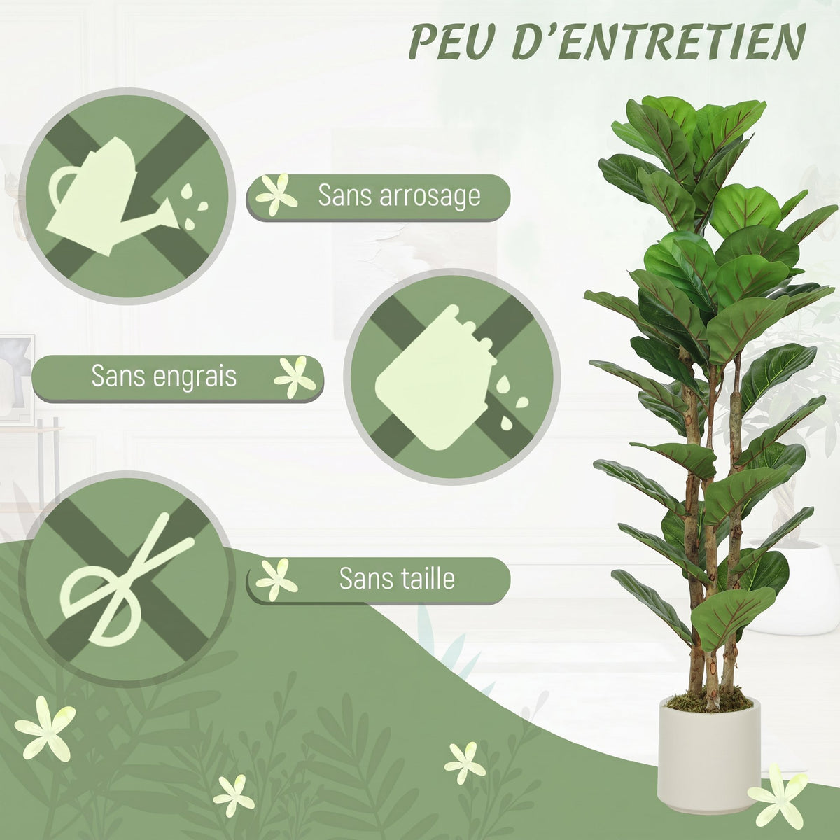Lot de 2 plantes artificielles 120 cm Figuier lyre arbre artificiel avec pot en plastique et tronc en bois massif, vert-4