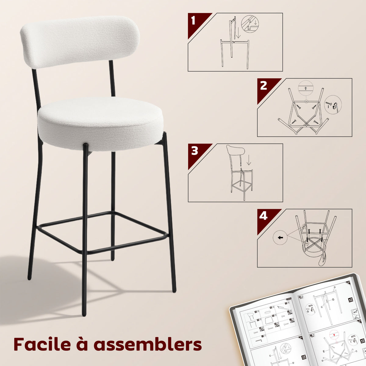 Lot de 2 tabourets de bar en tissu bouclette, chaises de bar avec dossier courbé, repose-pieds, 49x52x95cm, crème-6