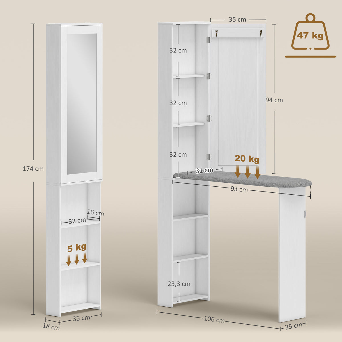 Armoire de Planche à Repasser Pliable avec Miroir, Armoire de Rangement avec 6 Compartiments, 2 Crochets, Blanc-2