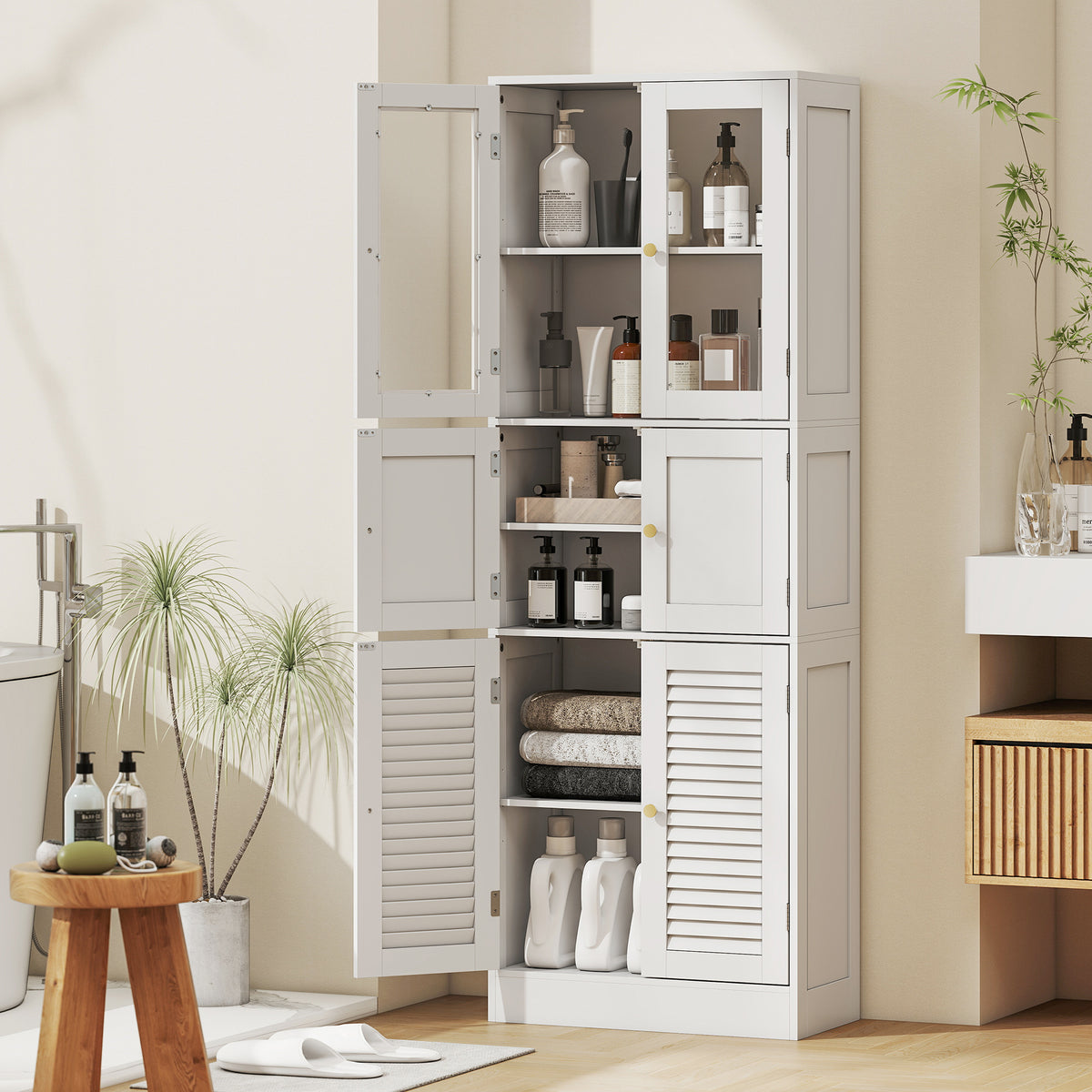 Meuble de salle de bain haut, meuble de rangement avec 6 portes dont 2 vitrées et 2 persiennes, étagère réglable, blanc-1