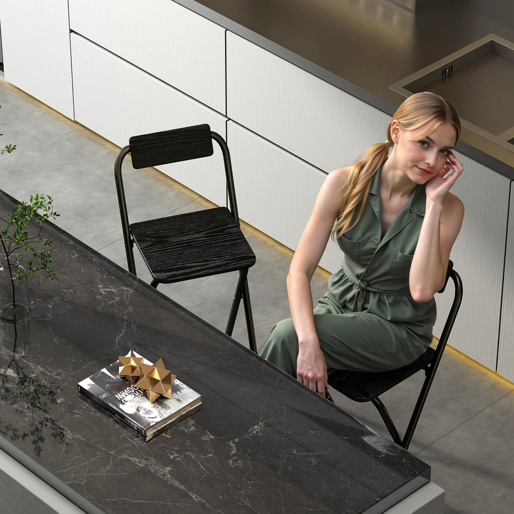 Lot de 2 tabourets de bar pliables avec dossier et repose-pieds, cadre en acier, 87 cm de haut, noir-6