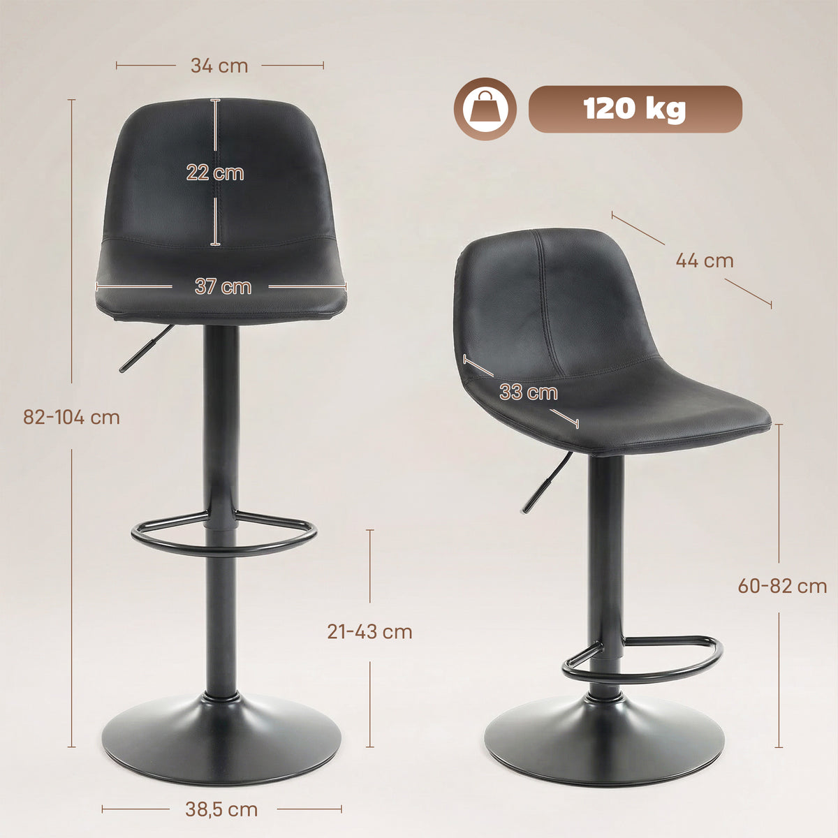 Lot de 2 tabourets de bar, chaises de bar hauteur réglable, dossier et repose-pieds, pivotant 360°, pieds en acier, noir-2
