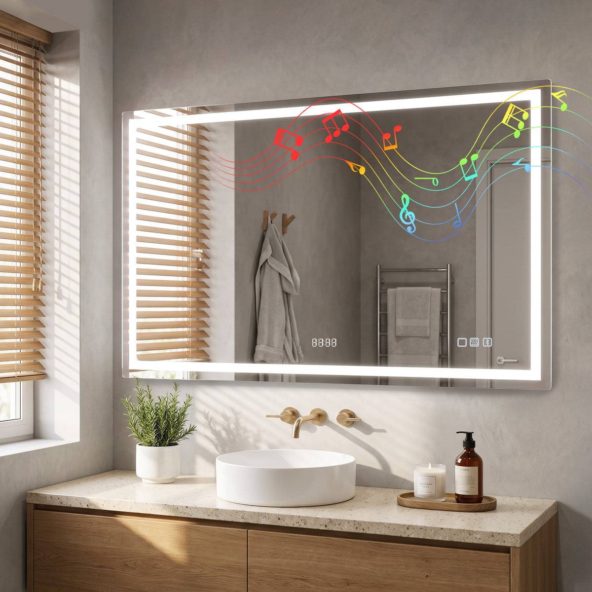 Miroir salle de bain LED bluetooth 140 x 80 cm interrupteur tactile lumière réglable 3 couleurs anti-buée mémoire argent-7