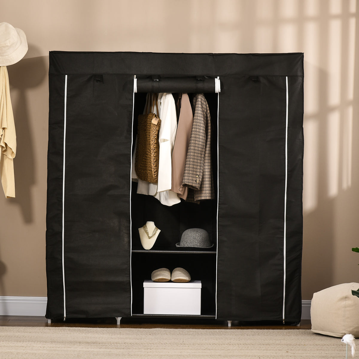 Armoire de rangement penderie en tissu pliable avec barre de suspension et étagères, 150 x 43 x 162,5 cm, noir-6