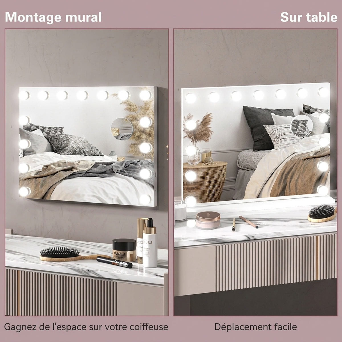 Miroir Maquillage Hollywood 58 x 48 cm, Miroir Coiffeuse LED, 15 Ampoules, 3 Modes d'Éclairage, Port USB de Charge-7