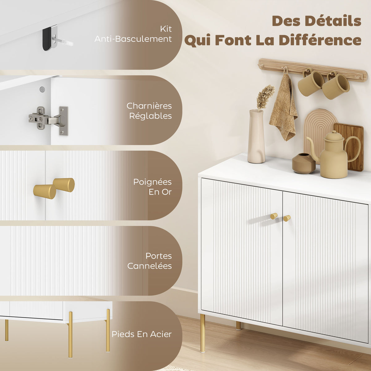 Buffet salon, meuble de rangement avec double porte cannelée, étagère réglable, pieds en acier, 80 x 39,1 x 76 cm, blanc-4