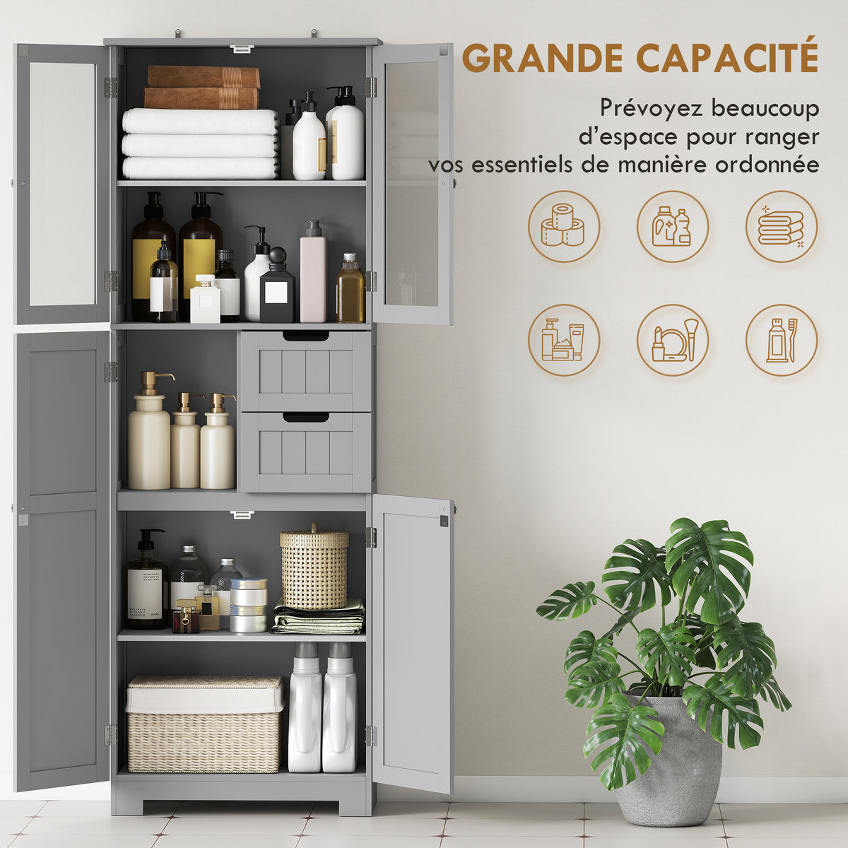 Meuble de salle de bain haut, meuble de rangement avec 4 portes dont 2 vitrées, 2 tiroirs et étagères réglables, gris-3