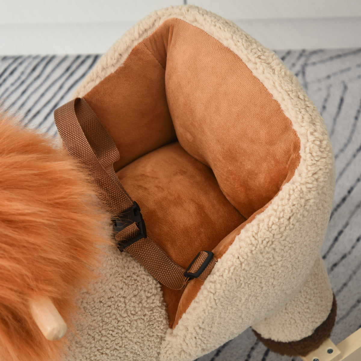 Cheval à Bascule modèle Lion Fonction Musicale Selle Grand Confort Peluche Courte Douce Pour Enfants 18-36 Mois Bois peuplier Marron dim. 68L x 35l x 50H cm-8