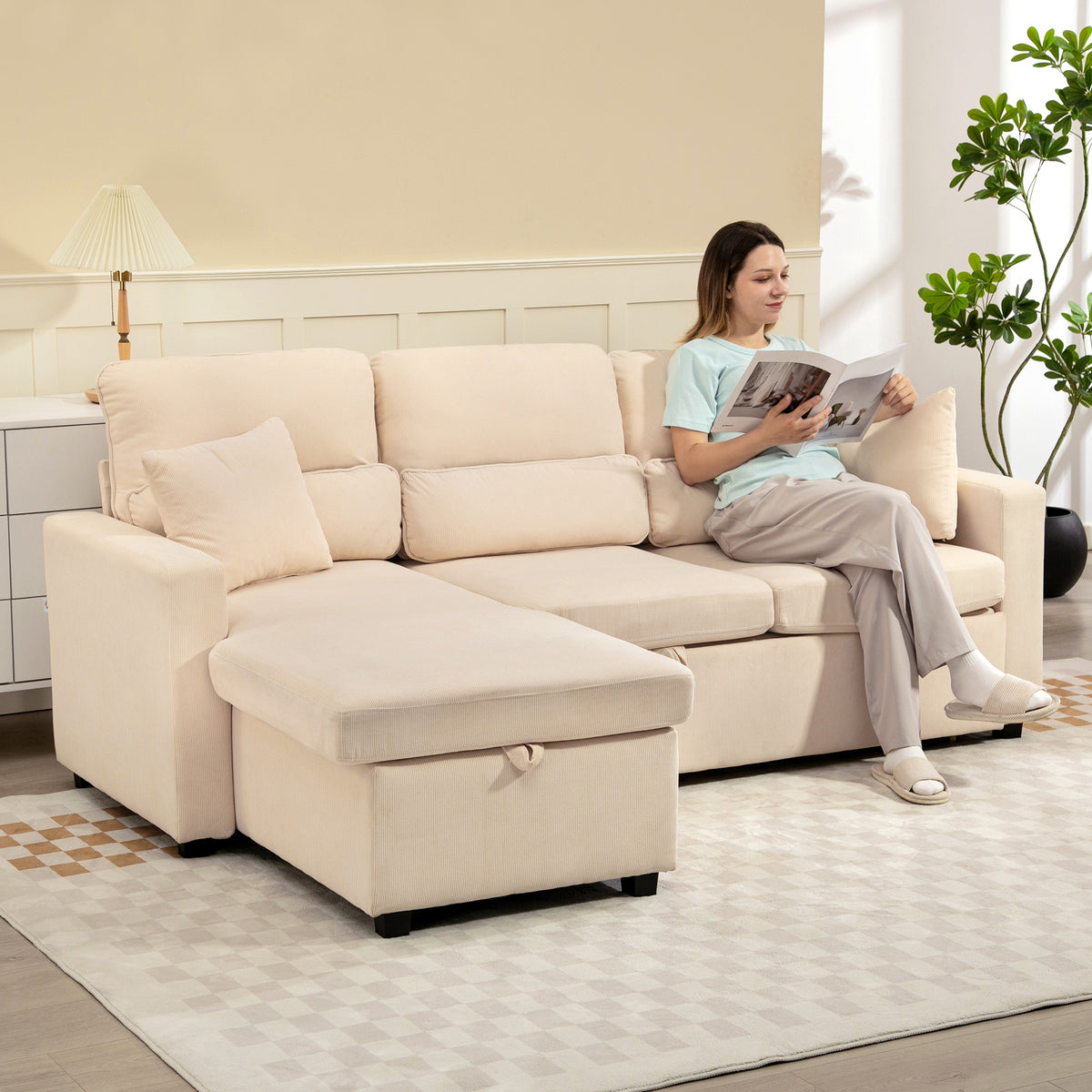 Canapé d'angle convertible en velours côtelé, canapé-lit 3 places avec rangement caché, coussins, 205x135x76cm, beige-1