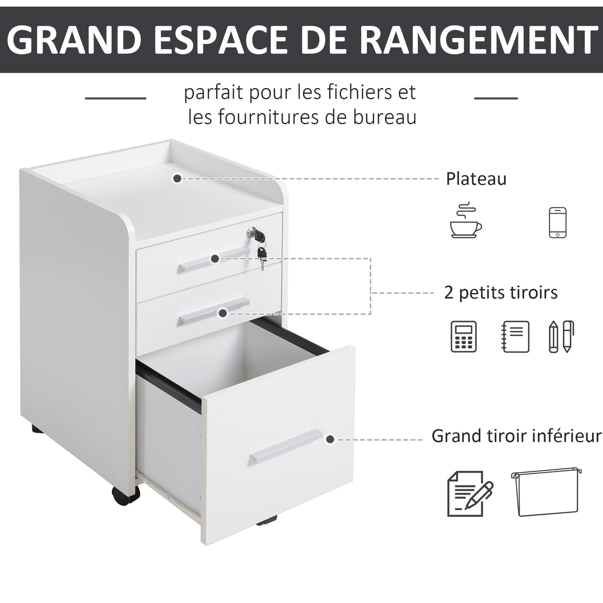 Caisson de bureau rangement bureau sur roulettes 3 tiroirs 1 verrouillable 1 trieur dossiers en bois blanc-3