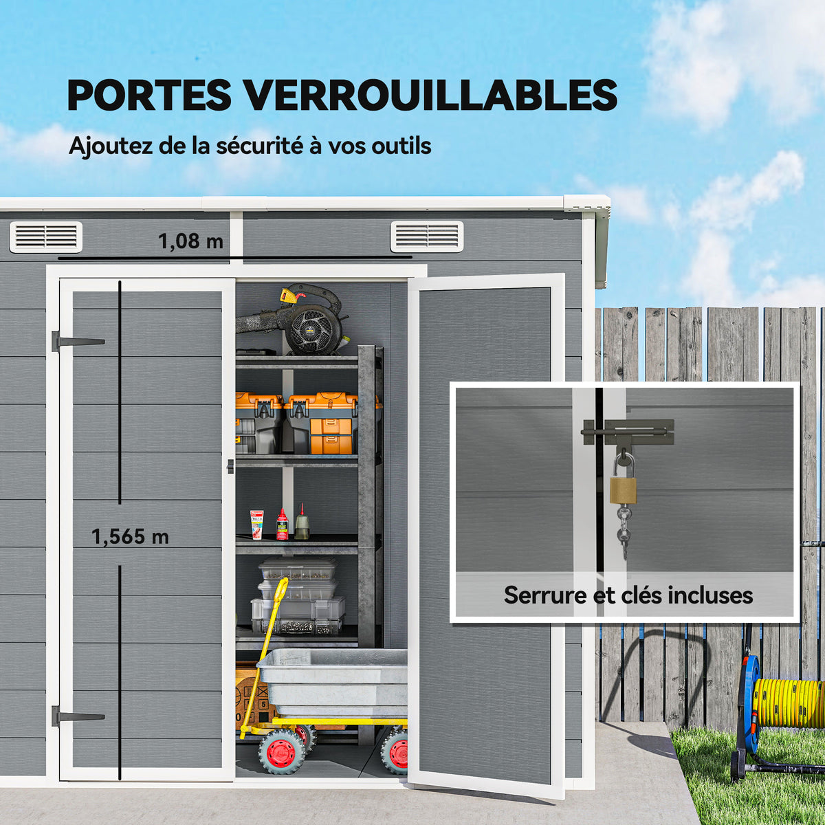 Abri de jardin extérieur 2,4 x 1,3 m, en résine avec plancher, fenêtre, portes verrouillables et aérations, gris-7