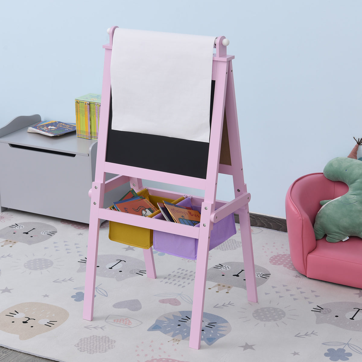 3 en 1 Tableau Enfant - chevalet Enfant - Ardoise Double Face - Tableau Blanc Tableau à Craie - Rouleau Papier avec accessoires + paniers Rangement intégrés - MDF Rose-8