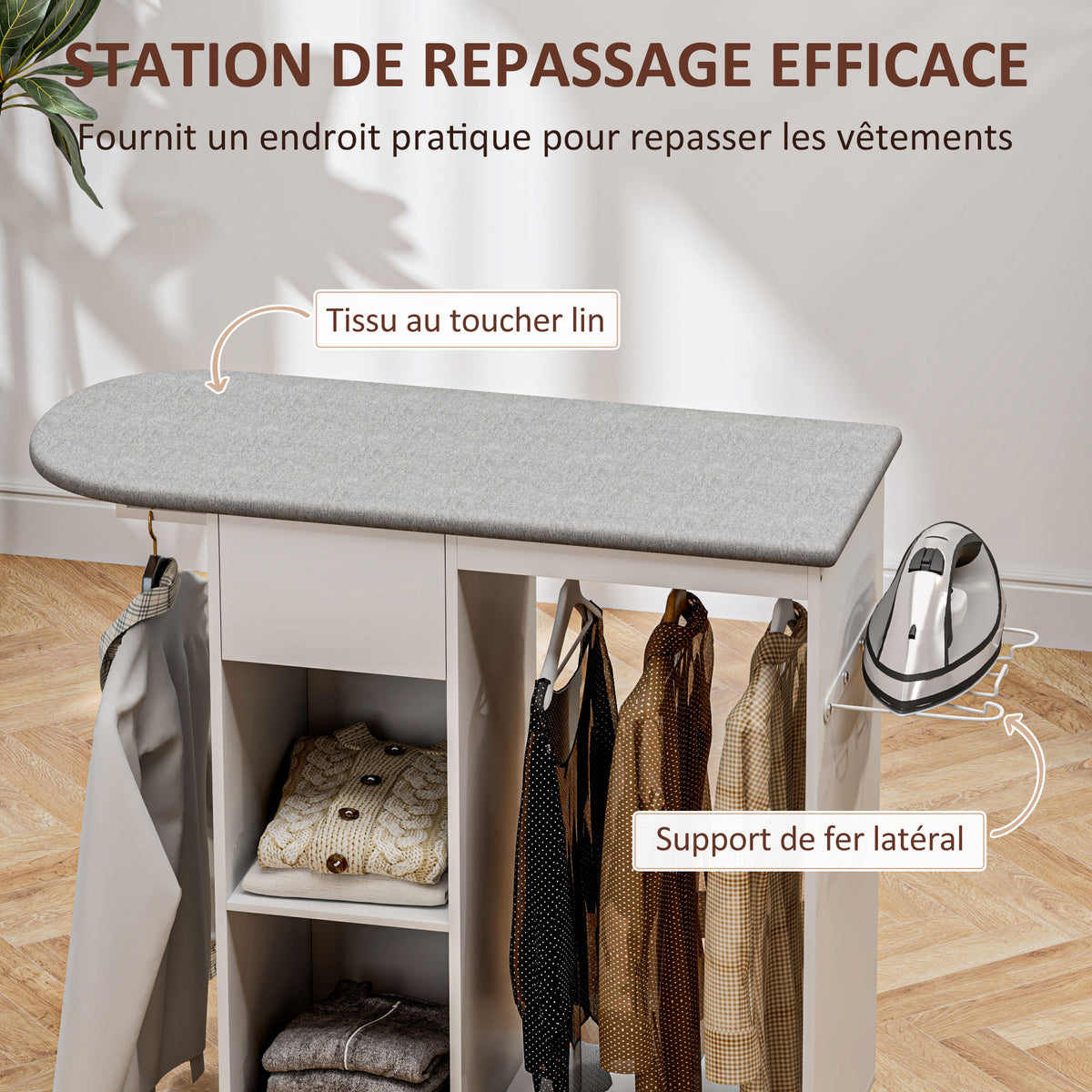 Armoire à repasser en bois table à repasser avec roulettes barre de suspension étagère 125 x 43,5 x 102,5 cm blanc-3