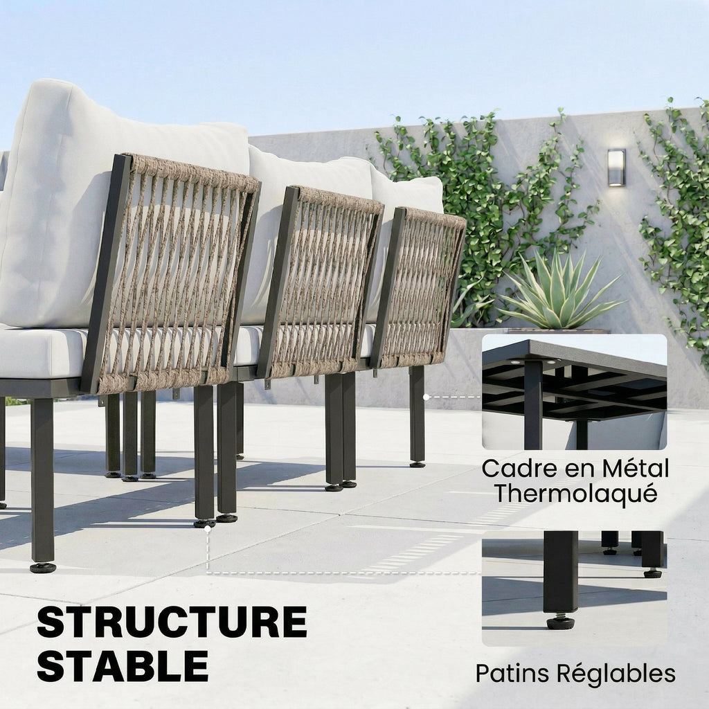 Salon de jardin extérieur d'angle modulable 6 personnes, table basse avec plateau en verre trempé, gris clair-5