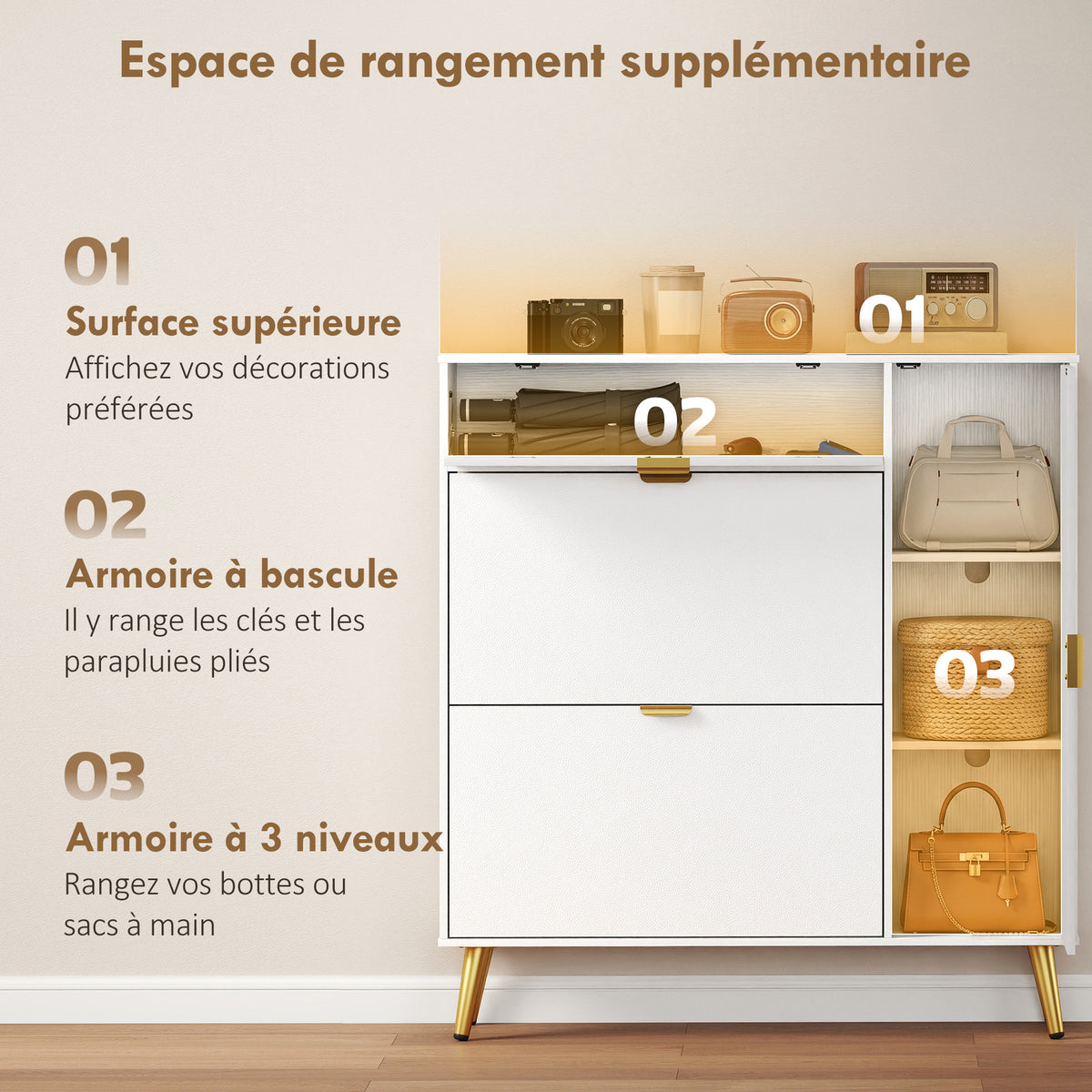 Meuble à chaussures 12 paires, armoire à chaussures, 2 tiroirs rabattables, 4 compartiments, 99,4x23,8x106,6cm, blanc-6
