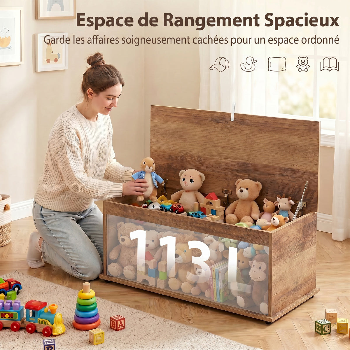 Coffre de rangement, banc de rangement avec couvercle rabattable et charnières de sécurité, 100 x 40 x 40 cm, marron-3
