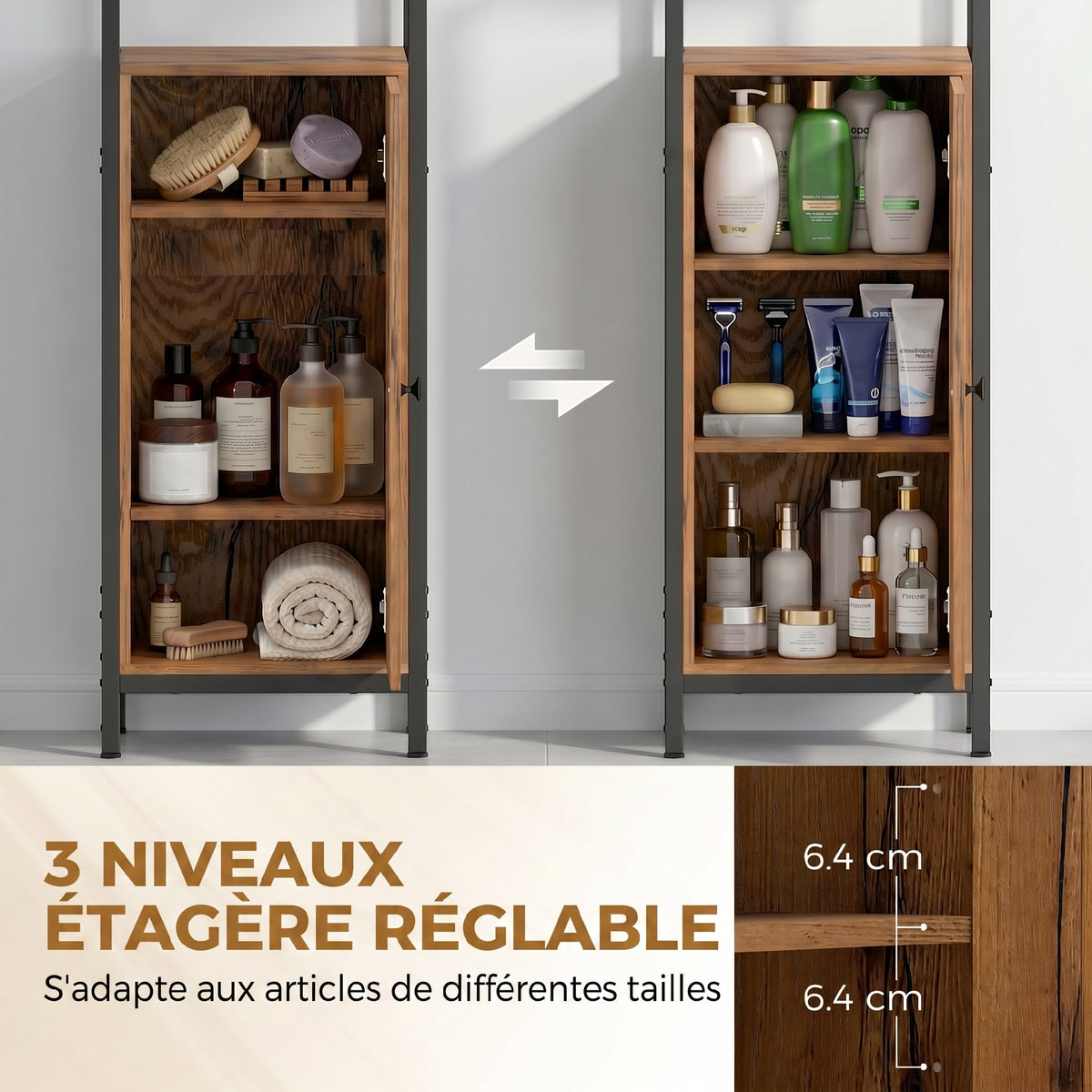 Meuble colonne de salle de bain industriel 3 étagères ouvertes porte à lamelles étagères réglables marron rustique-4