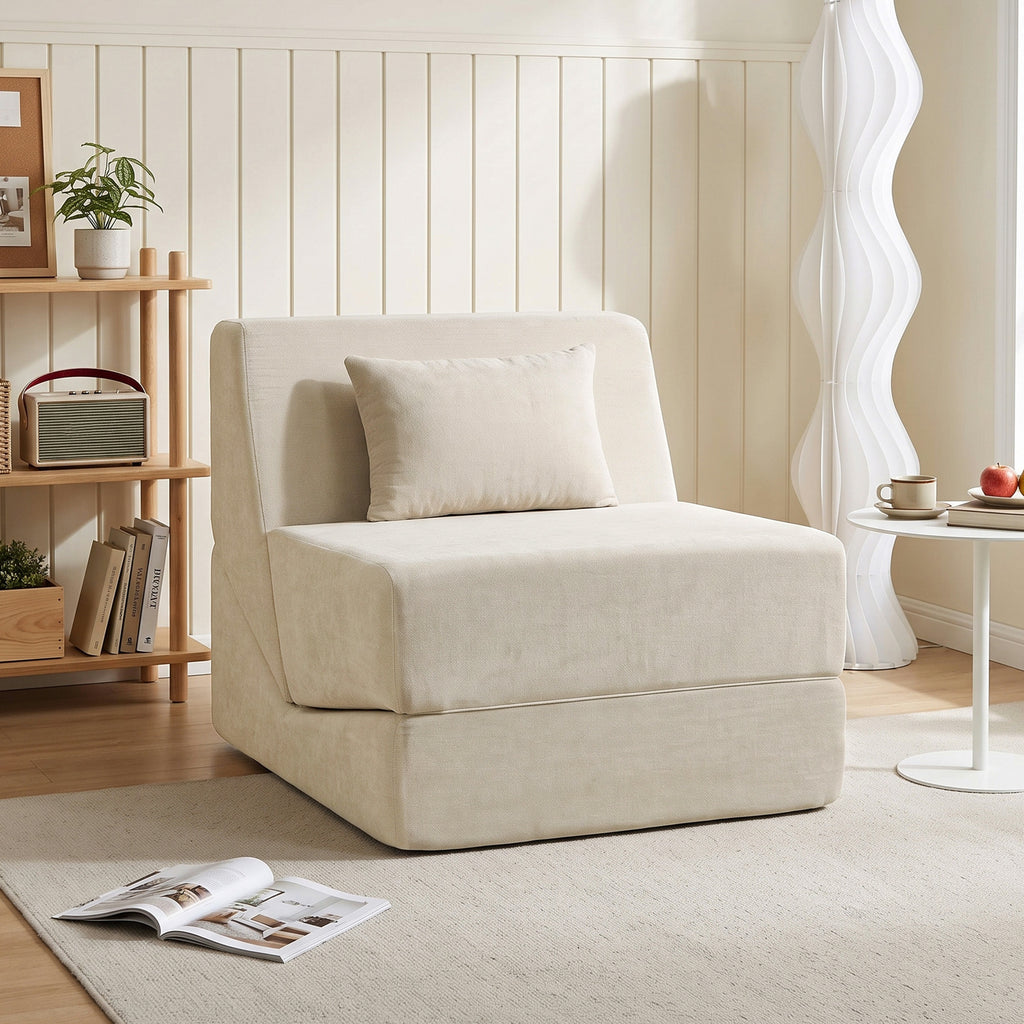 Canapé-Lit Pliant 3 en 1, Chauffeuse 1 Place Convertible en Chenille, Coussin et Dossier, Compressé Sans Montage, Beige-1