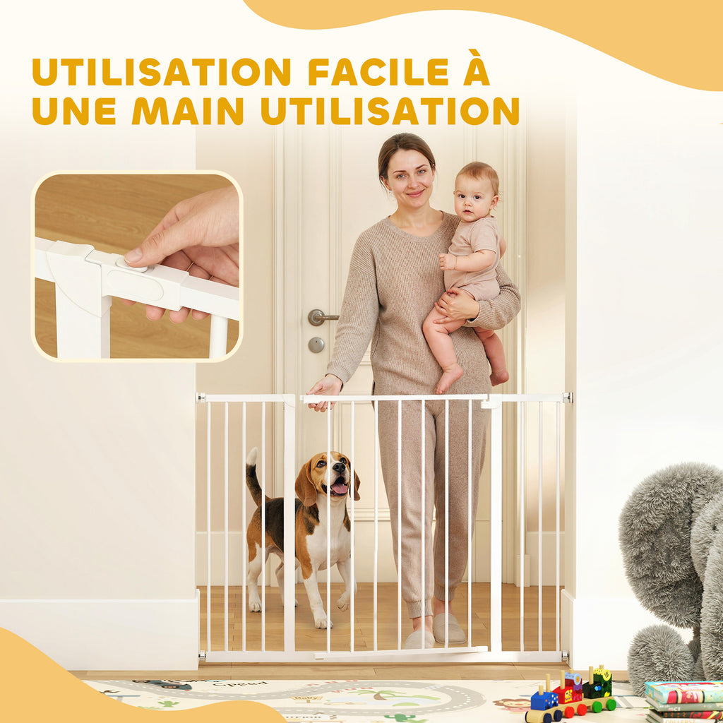 Barrière de Sécurité Chien Réglable 76-107 cm, avec 2 Rallonges (10/15 cm), Ouverture d'une Main, sans Perçage, Blanc-6