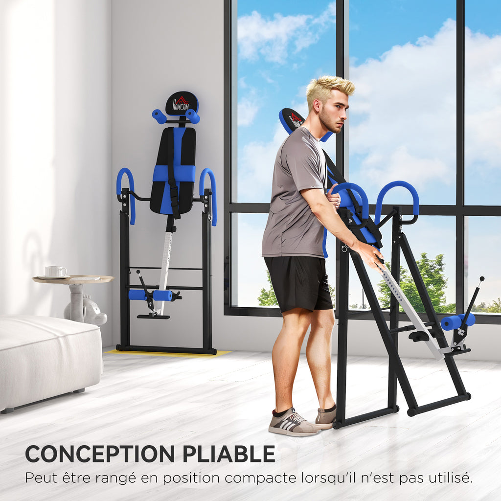 Table d'inversion de musculation pliable ceinture de sécurité réglable angle ajustable 3 niveaux 79x114x153cm bleu noir