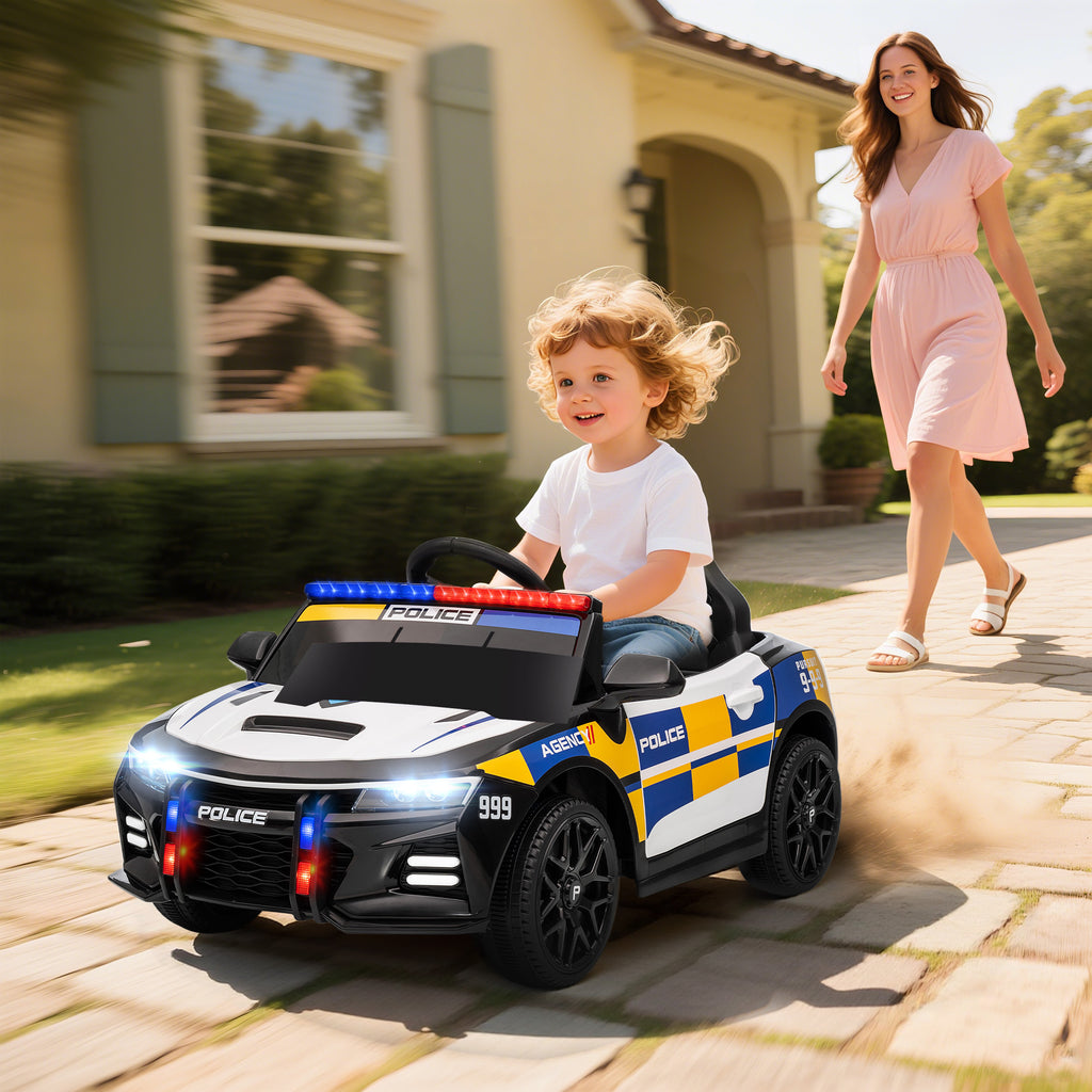 Voiture électrique de police enfant 12V, double moteur, télécommande, USB, MP3, musique & klaxon, multicolore-9