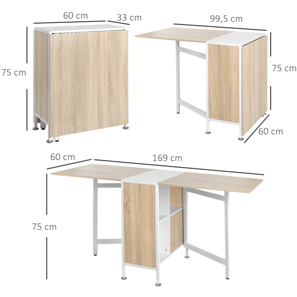 Table pliable de cuisine pour 4 personnes table à manger 4 niches intégrées pour petit espace dim. dépliées 169L x 62l x 75H cm MDF chêne clair acier blanc-2