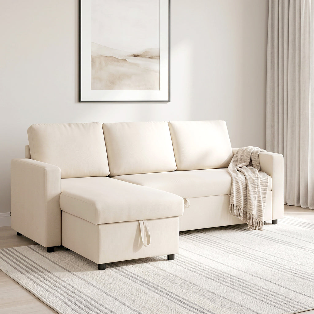 Canapé d'angle convertible modulable avec méridienne réversible, coffre de rangement et 3 coussins de dossier, crème-1