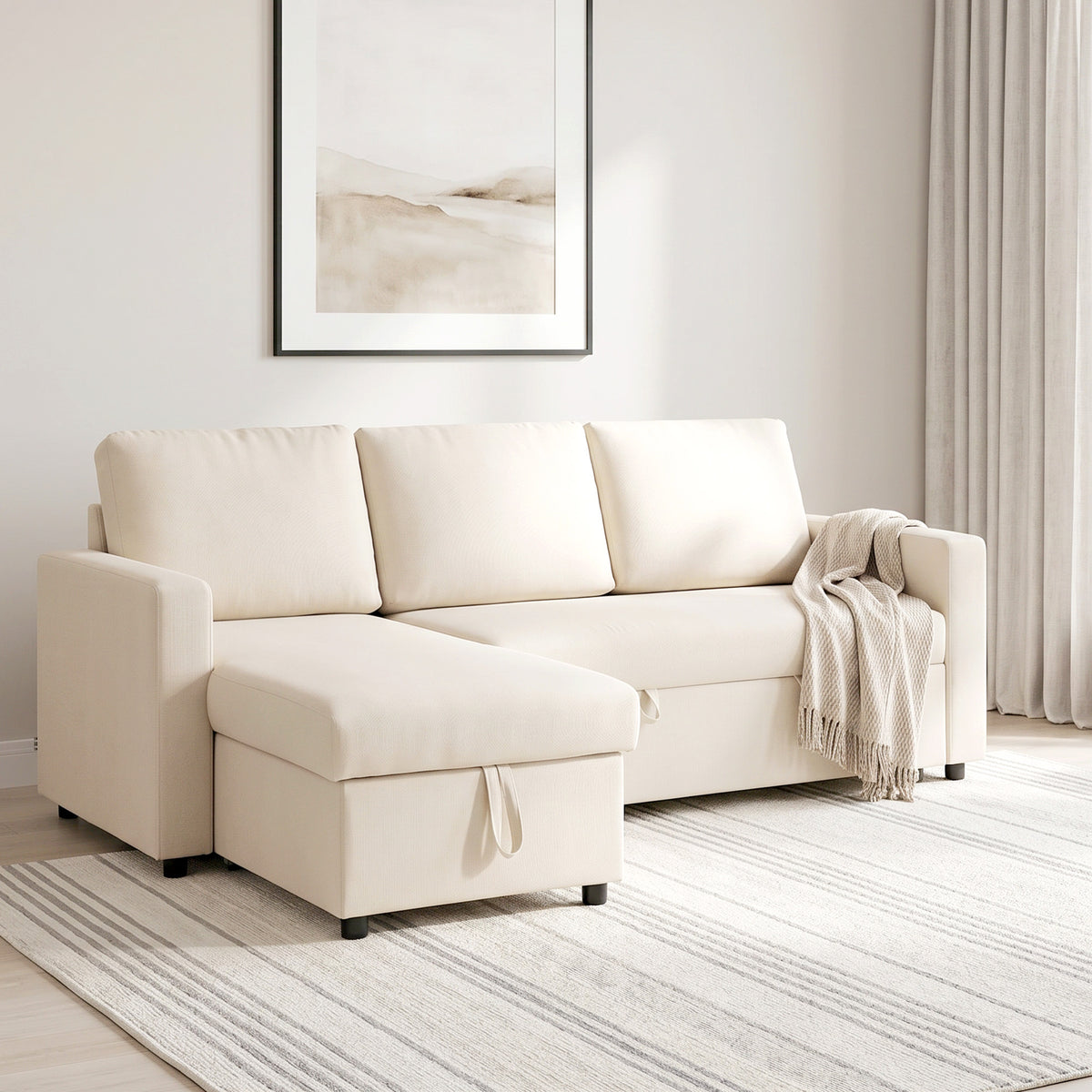 Canapé d'angle convertible modulable avec méridienne réversible, coffre de rangement et 3 coussins de dossier, crème-1