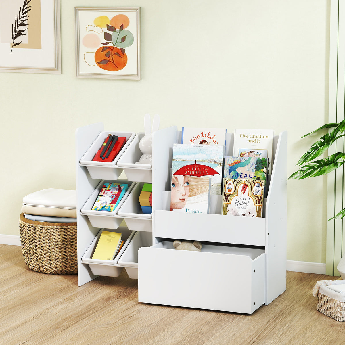 Meuble rangement enfant rangement jouet enfant 6 bacs amovibles et grand coffre à roulettes 100 x 30 x 80 cm blanc-8