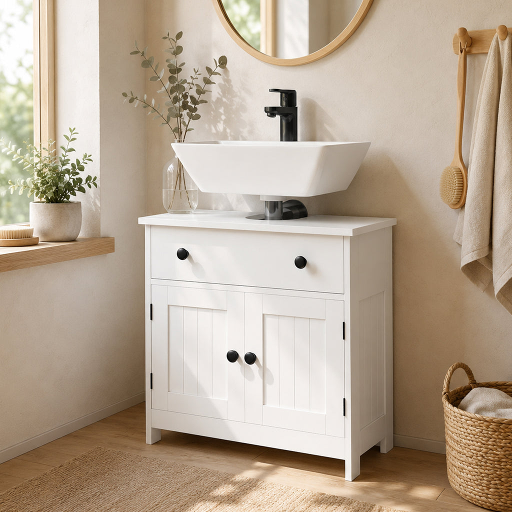 Meuble sous lavabo de salle de bain, meuble moderne sur pied avec charnières à fermeture douce, tiroir, 2 portes, blanc-8