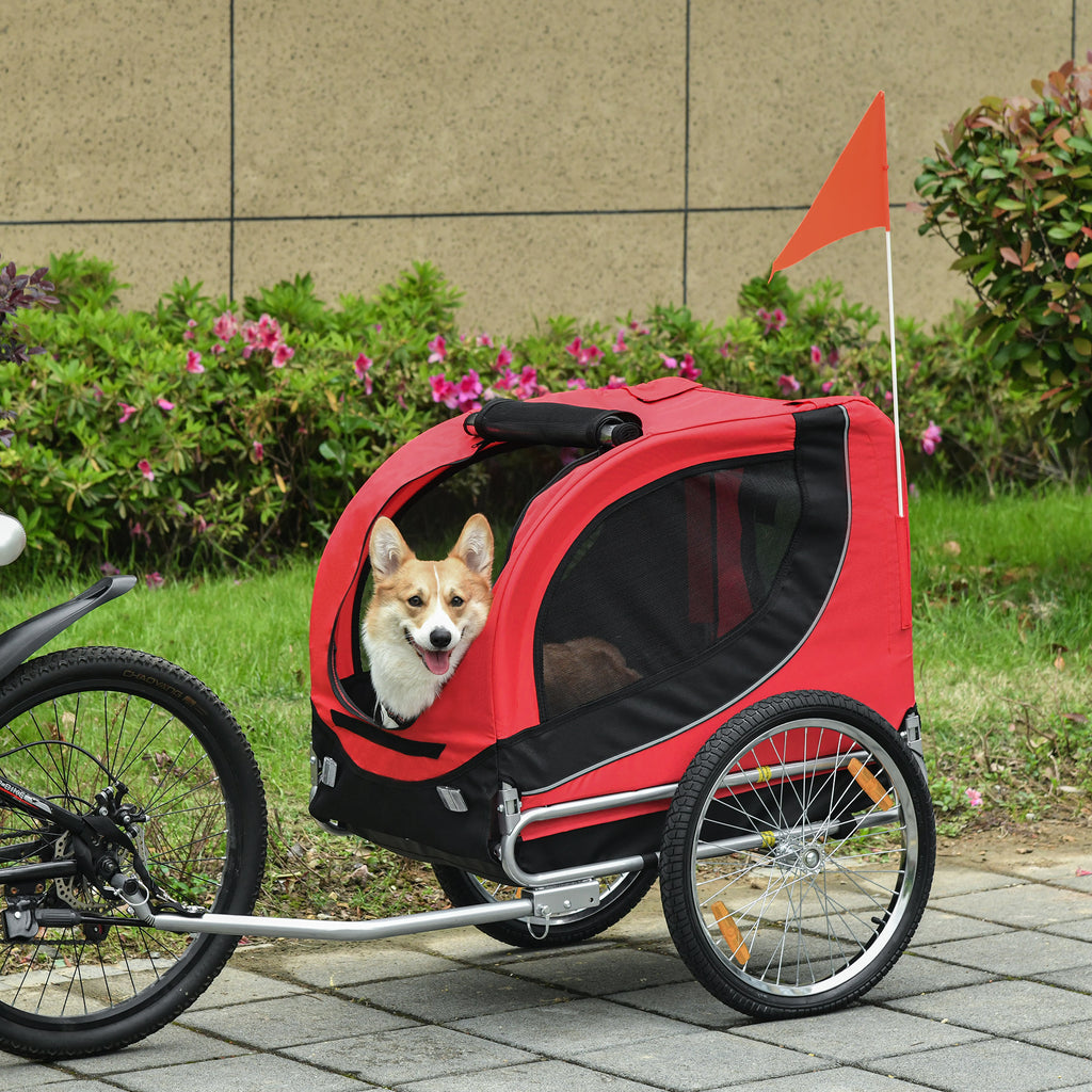 Remorque velo pour chien animaux avec 8 reflecteurs drapeau rouge noir-1