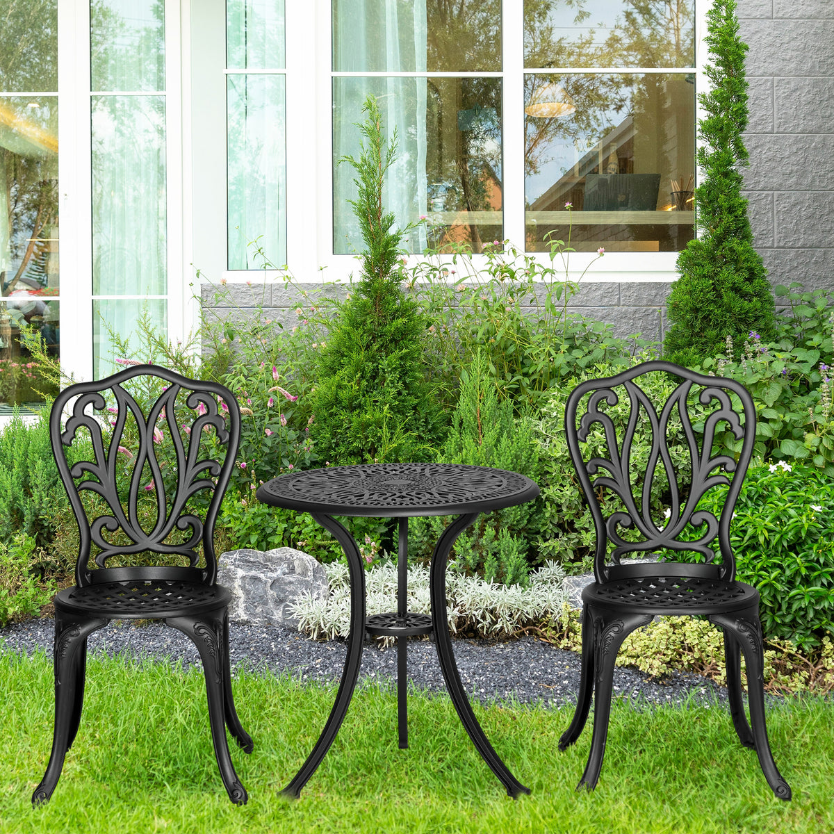 Ensemble Salon de Jardin 2 Places 2 chaises + Table Ronde style charme rétro en fonte d'aluminium, noir-1