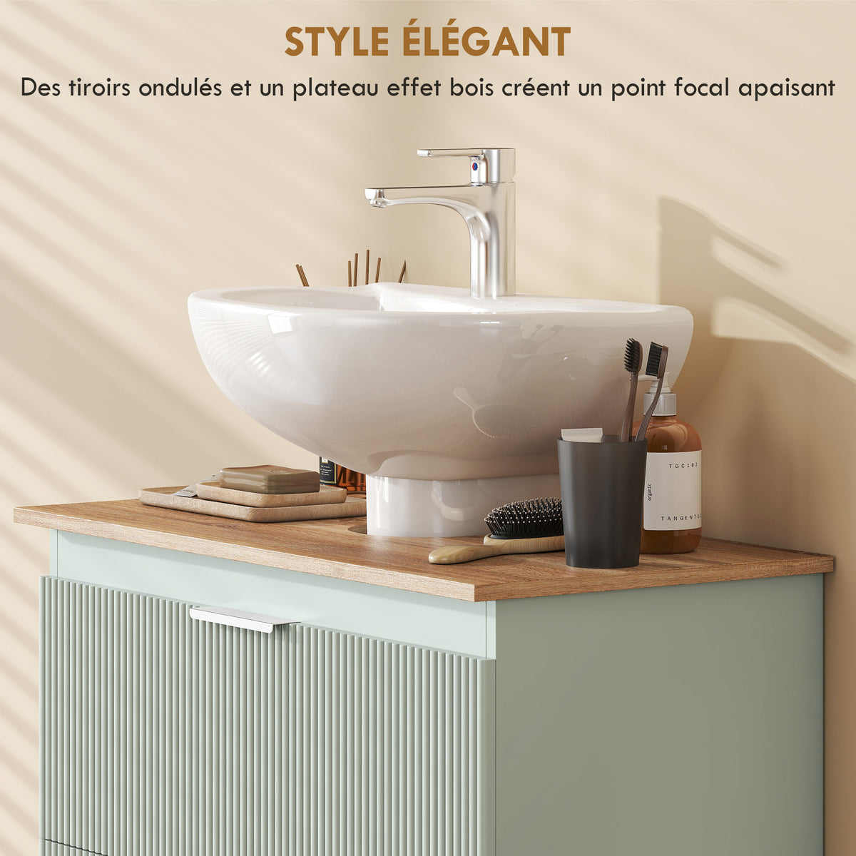 Meuble sous lavabo, meuble de salle de bain avec 2 tiroirs, style moderne, 80 x 40 x 60 cm, vert et bois naturel-3
