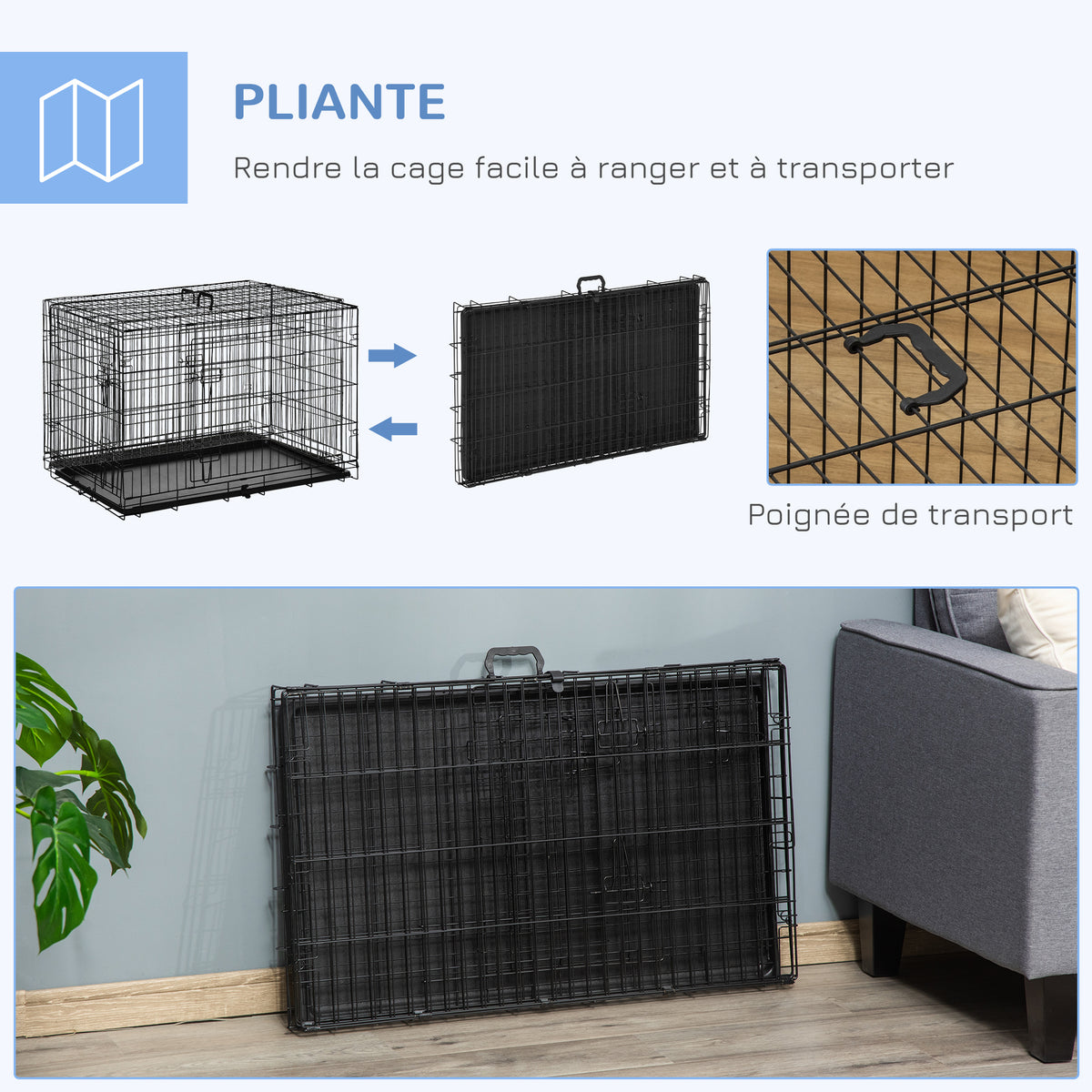 Cage caisse de transport pliante pour chien en métal noir 92 x 57 x 62,5 cm-6