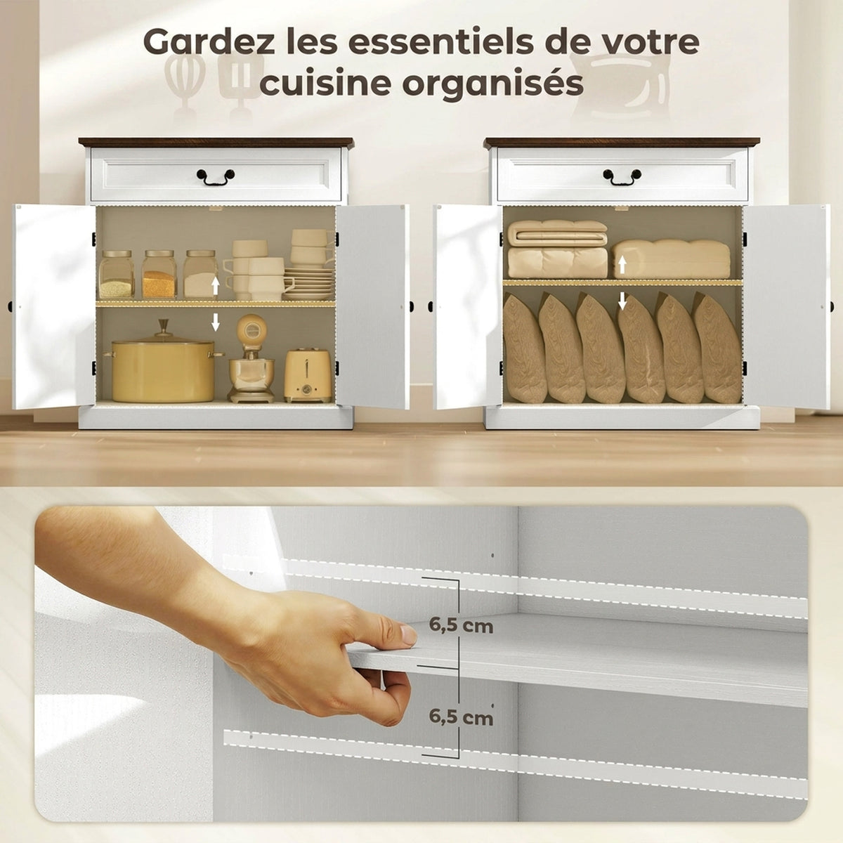 Buffet salon, meuble de rangement avec 2 portes, tiroir silencieux, étagère réglable, 80x40x85cm, blanc et marron-3