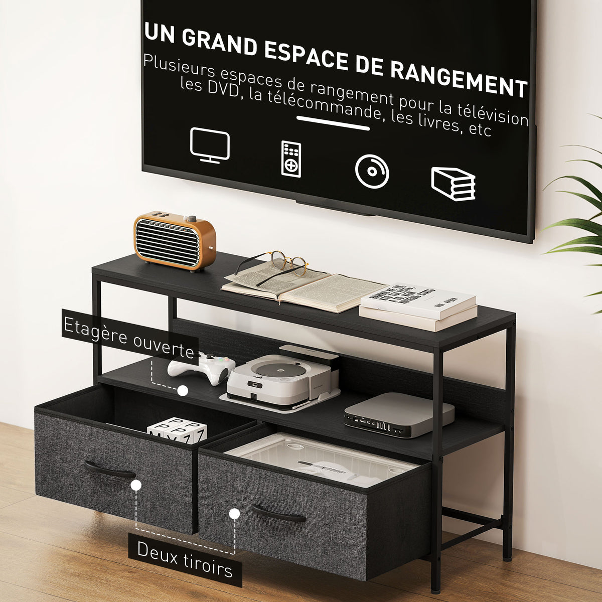 Meuble TV, meuble télé pour téléviseur jusqu'à 47 pouces avec 2 tiroirs et pieds en acier, 98 x 29 x 56 cm, gris foncé-4