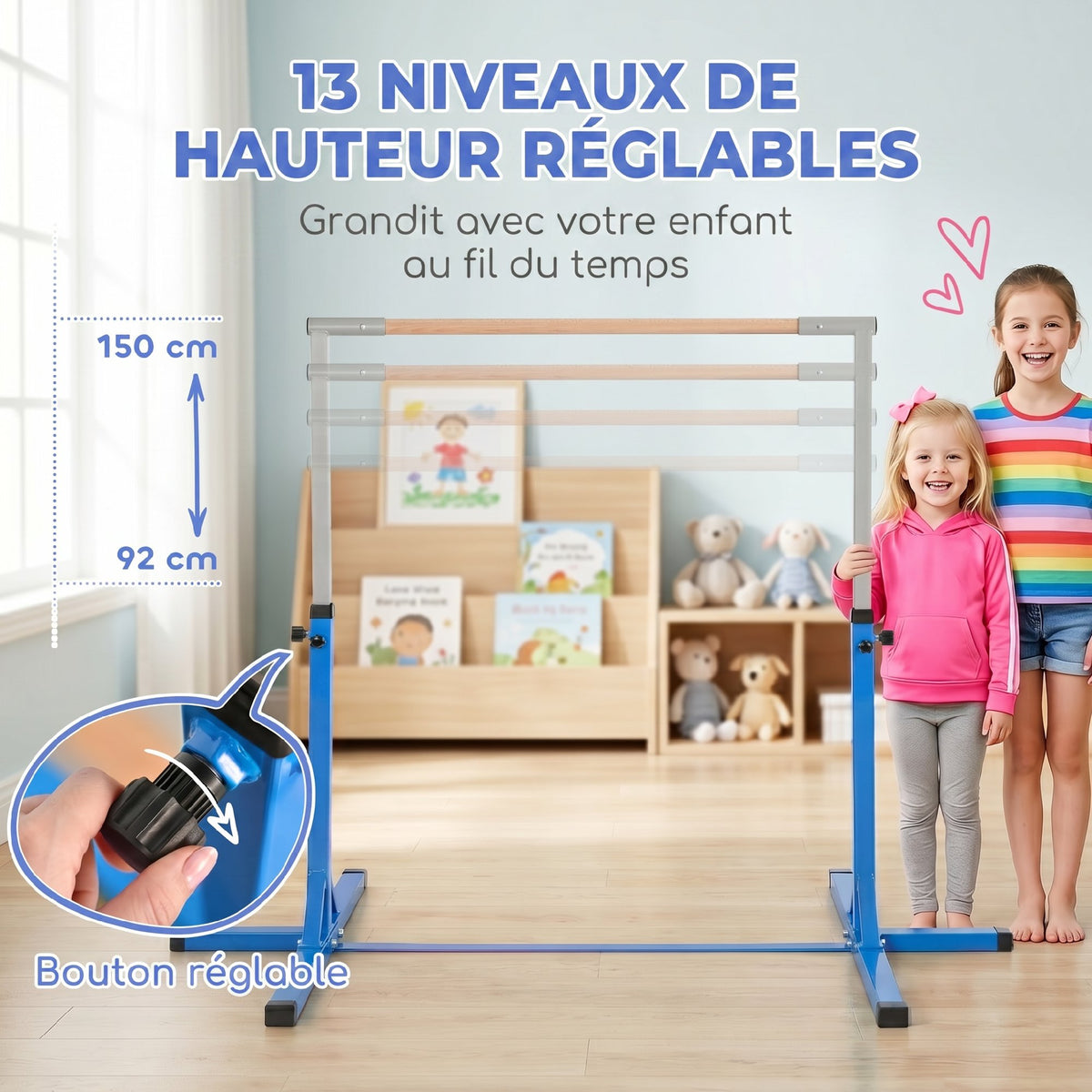 Barre fixe de gymnastique enfant - barre de gymnastique hauteur réglable 13 niveaux 92 à 150 cm - acier bleu bois hêtre-3