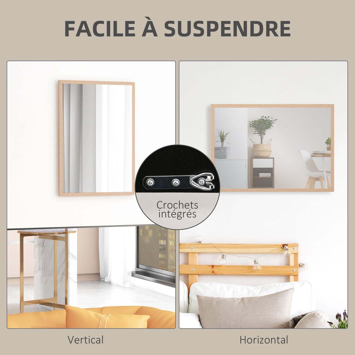Miroir mural rectangulaire 50 x 70 cm, cadre en bois, idéal pour la salle de bain, salon ou chambre, naturel-4