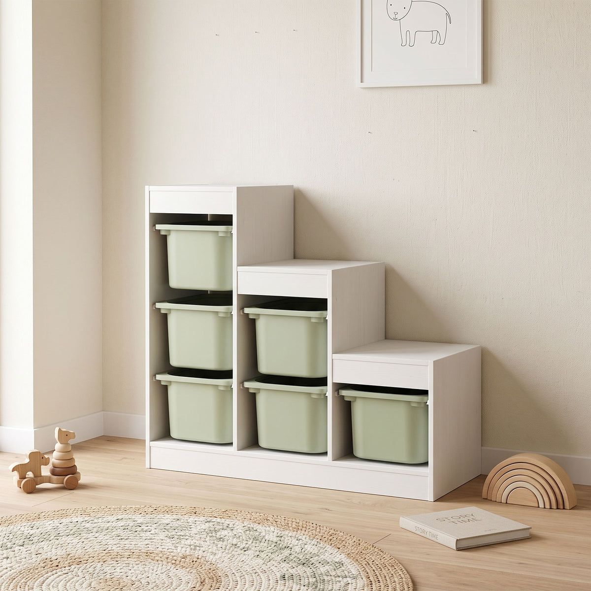 Meuble de rangement pour jouets des enfants avec 6 bacs amovibles, 3 niveaux de rangement, 96 x 38,5 x 90, vert-1