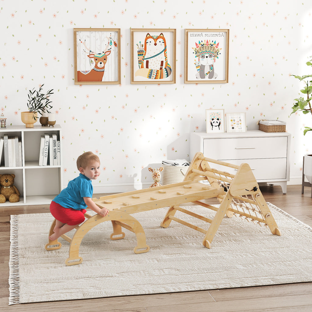 Triangle d'escalade enfants 8 en 1 avec rampe double face, arc d'escalade en bois avec toboggan & échelle, naturel-1