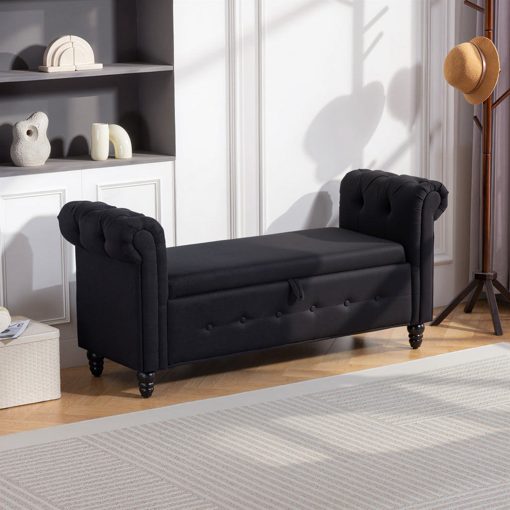 Banc banquette coffre 2 en 1 en tissu aspect lin avec pieds en bois 146,5 x 49 x 72 cm noir-9