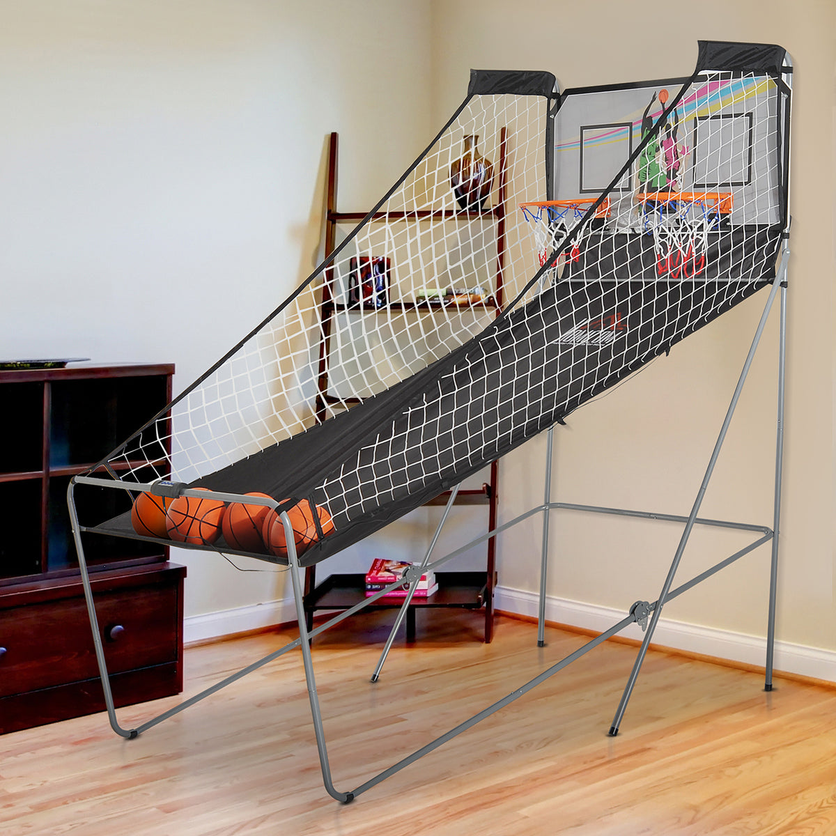 Jeu basketball arcade pliable 2 panier 4 balles pompe gonflage, système pointage, 4 205x110x205cm, noir blanc-1