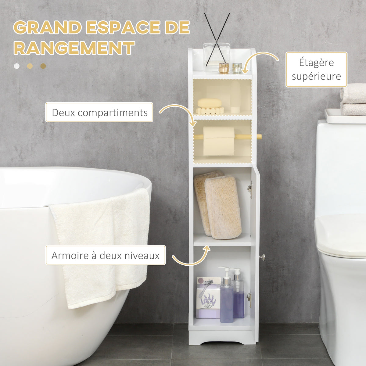 Meuble bas de salle de bain 1 étagère supérieure ouverte 2 compartiments et 1 placard 23 x 18 x 100 cm blanc-3