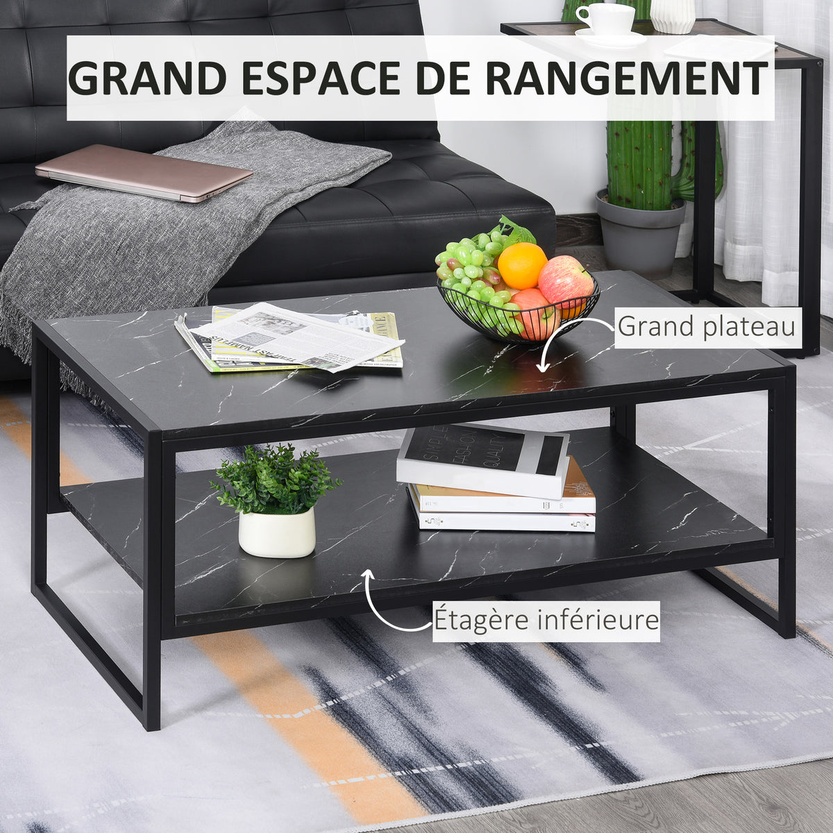Table Basse Style Moderne avec 2 Étagères 106 x 50 x 47 cm Noir-3