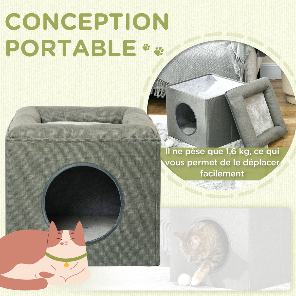 Maison niche pour chat 2 niveaux avec coussin moelleux en peluche - 36,5 x 36,5 x 33 cm gris-5