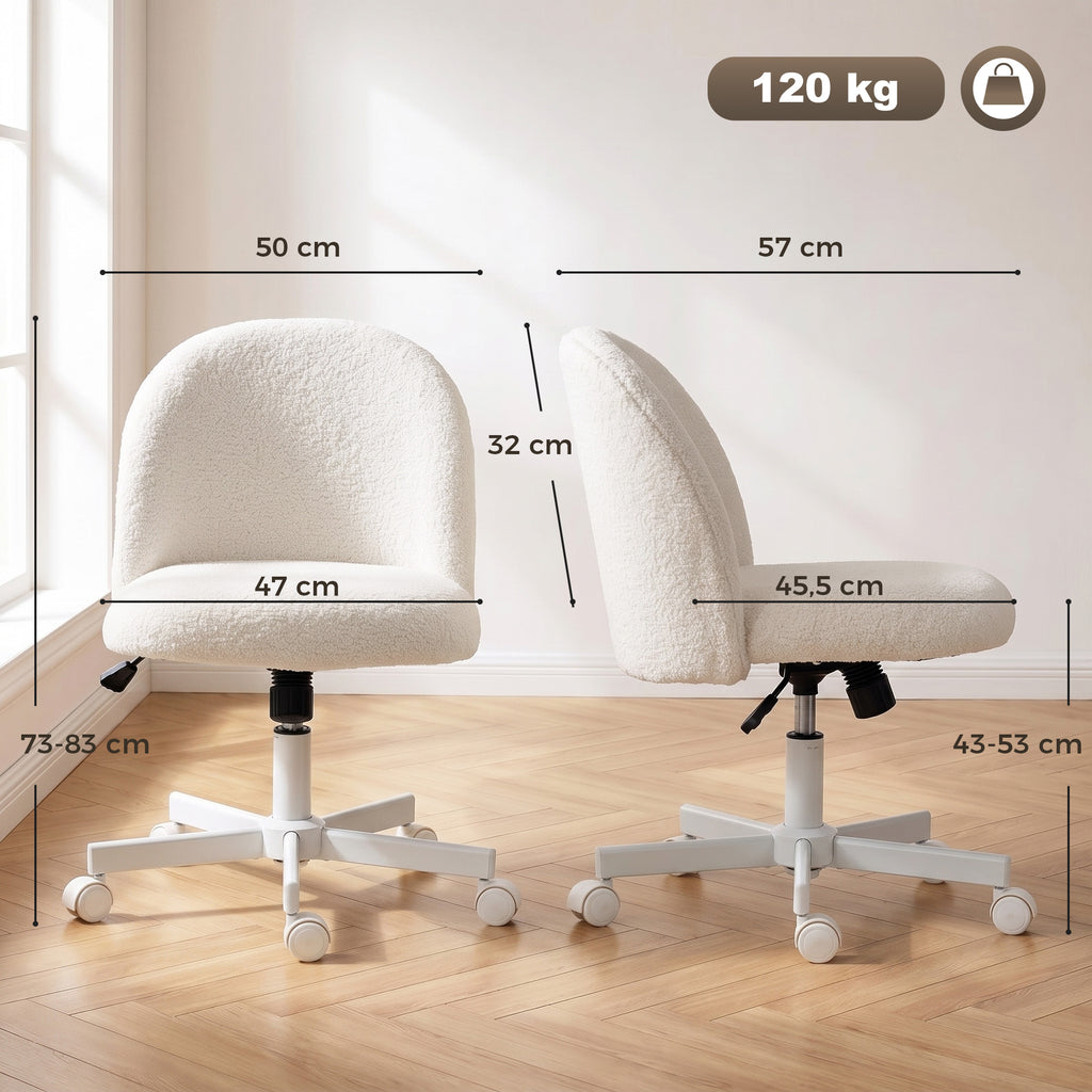 Chaise de Bureau Ergonomique, Fauteuil de Bureau Inclinable en Tissu Bouclette Sans Accoudoirs, Hauteur Réglable, Crème-2