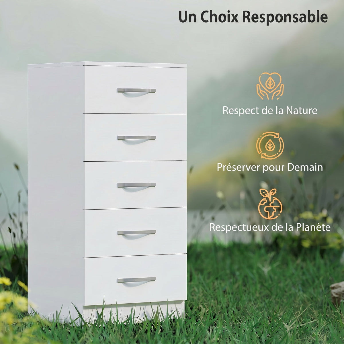 Commode 5 tiroirs, meuble de rangement étroit, style moderne, pour chambre à coucher, salon, couloir, 40x35x85cm, blanc-5