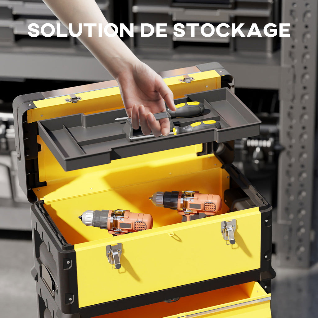 Lot de 3 boîtes à outils sur roulettes empilables et modulaires en acier avec plateau, poignées et serrure, jaune-4