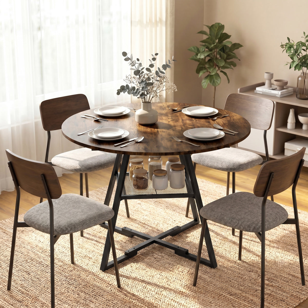 Table à manger ronde pour 4 personnes, Ø 100 x 76 cm, table de cuisine avec large plateau et étagère, brun rustique-9