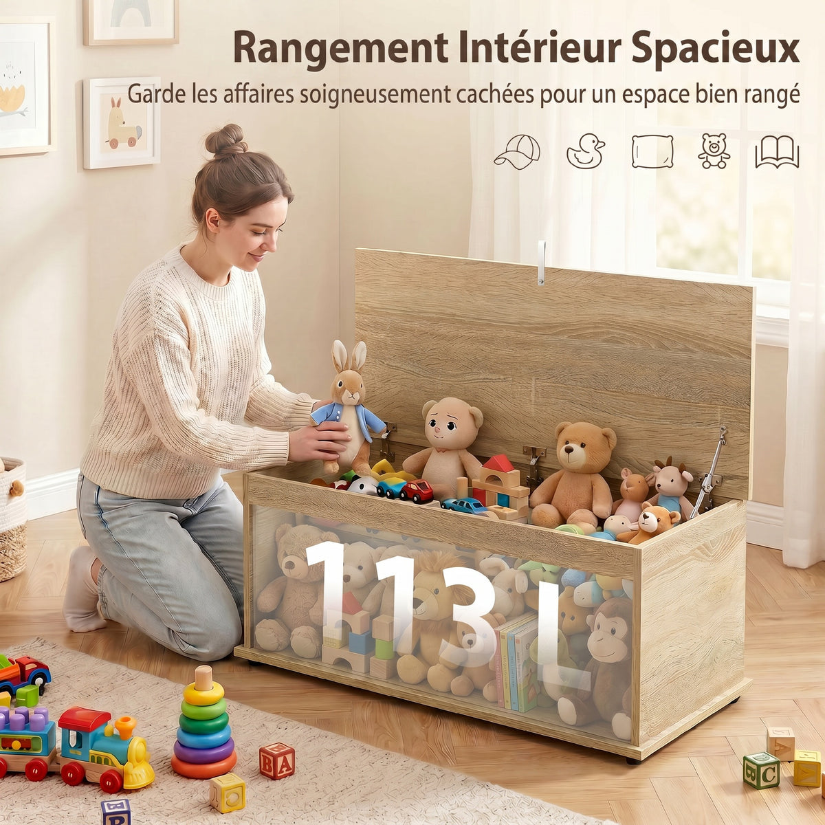 Coffre de rangement, banc de rangement avec couvercle rabattable et charnières de sécurité, 100 x 40 x 40 cm, naturel-3
